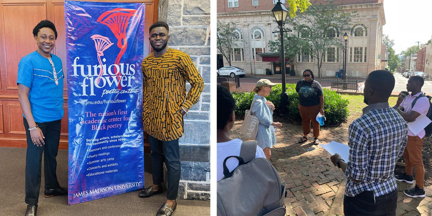 (l) UL alumni Thomas Gmawlue Jr. and Gayflor Wesley at the Furious Flower Poetry Center at James Madison University; photo: Gayflor Wesley (r) UVA's Beth Meyer leading a history walk of Charlottesville for Liberian visitors. Photo: Allison James