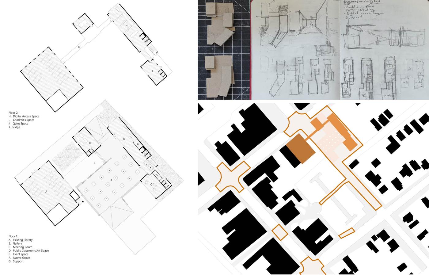 Site, plan, and process drawings of a library and community center proposed by a student for Phoebus, Virginia