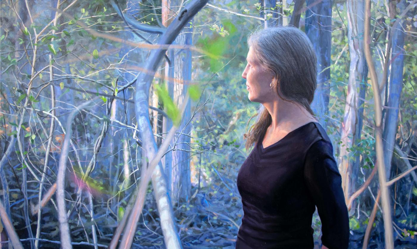 Painting of Joan Maloof in Forest